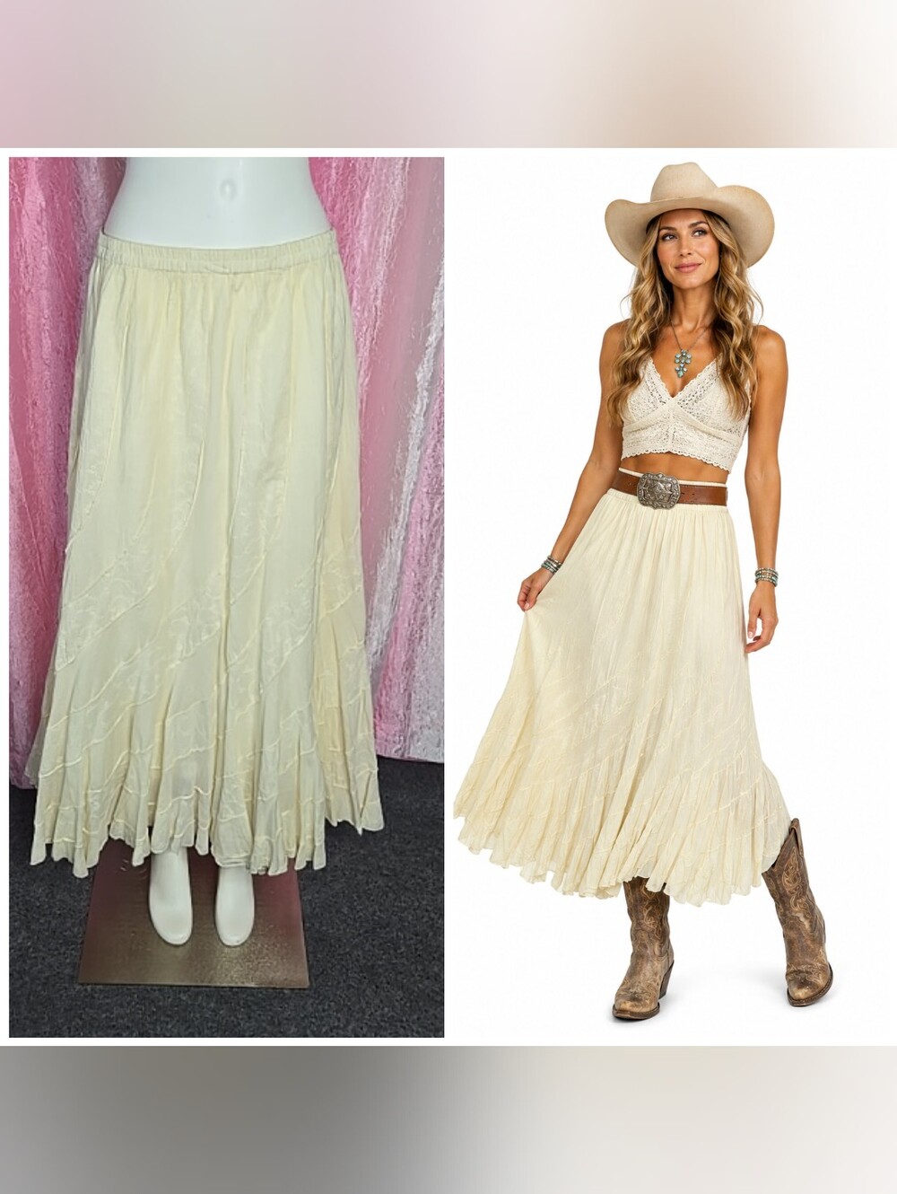 Back In The Saddle Cream Boho Western Festival Ruffled Maxi Skirt Size Medium